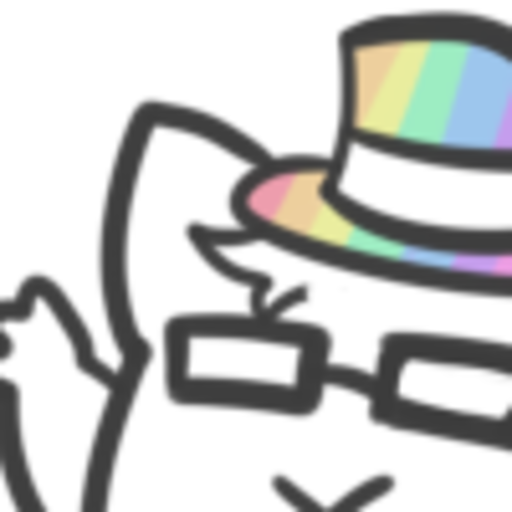 an avatar featuring my sona, a white gengar wearing a rainbow top hat and glasses