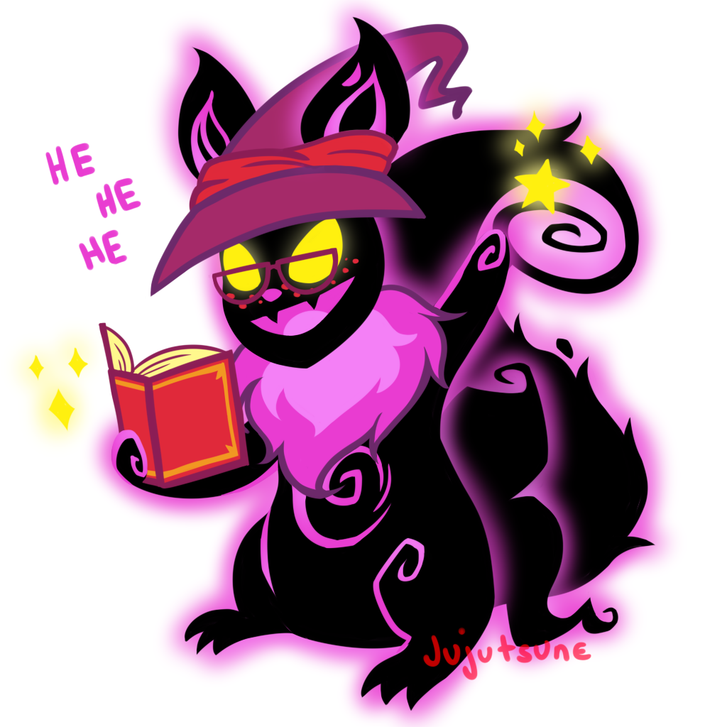 a drawing of jujutsune, a shadow usul, casting a spell from a book and laughing mischievously