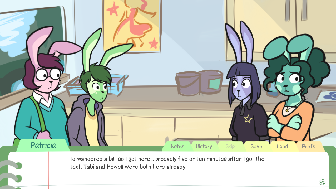 a screenshot from the game 'daisy chain', featuring main characters daisy and lester questioning their classmate patricia about the day of the crime